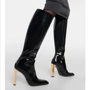 Saint Laurent Black Patent Knee-High Boots with Gold Block Heel